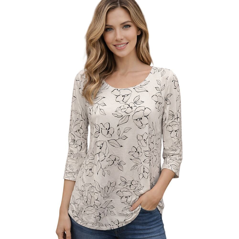 J jill luxe supima a lined tunic top floral neutral double layer 1/2 sleeve XS